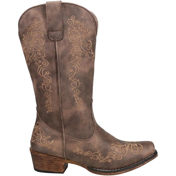 ⚡Women's Brown Leather Riley Scroll Embroidery Snip Toe Western Boot Mid Calf - Picture 1 of 5